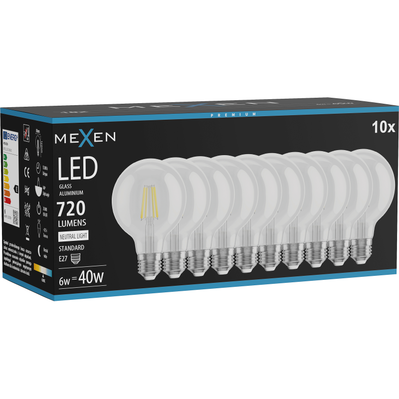 Mexen Vintis 10x żarówka filament LED E27, G80, 6W, Neutralna - 4000K, 720 lm, clear - L155-E27-0640-00x10