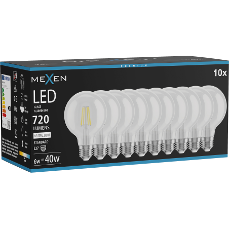 Mexen Vintis 10x żarówka filament LED E27, G80, 6W, Neutralna - 4000K, 720 lm, clear - L155-E27-0640-00x10