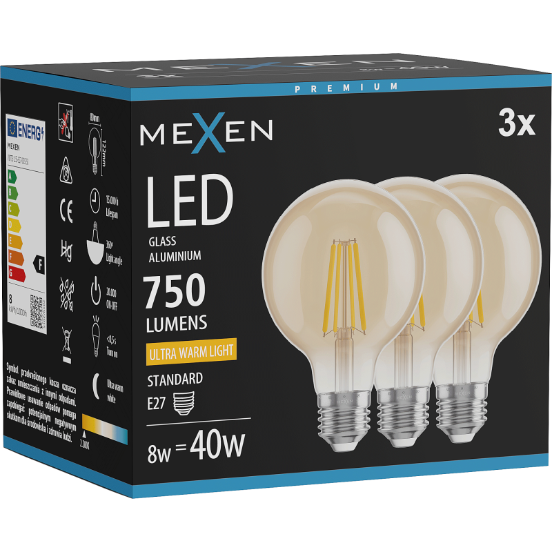 Mexen Vintis 3x żarówka filament LED E27, G80, 8W, Ciepła - 2200K, 750 lm, amber - L155-E27-0822-50x03