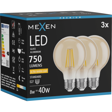 Mexen Vintis 3x żarówka filament LED E27, G80, 8W, Ciepła - 2200K, 750 lm, amber - L155-E27-0822-50x03