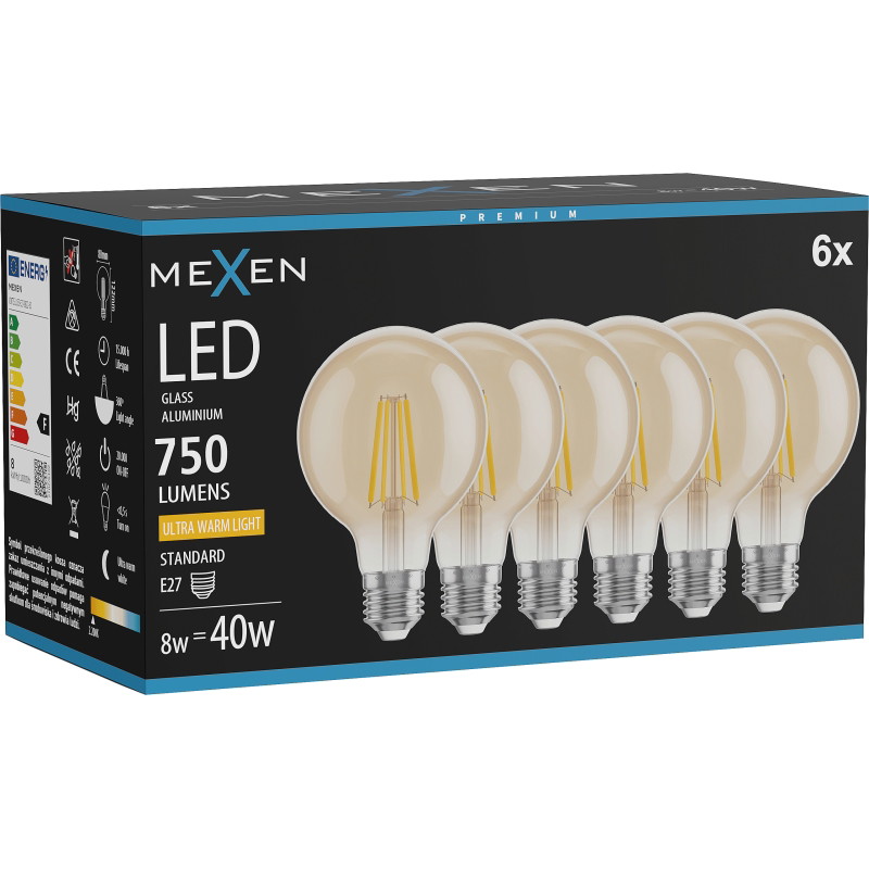 Mexen Vintis 6x żarówka filament LED E27, G80, 8W, Ciepła - 2200K, 750 lm, amber - L155-E27-0822-50x06
