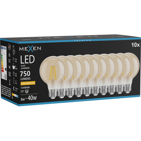 Mexen Vintis 10x żarówka filament LED E27, G80, 8W, Ciepła - 2200K, 750 lm, amber - L155-E27-0822-50x10