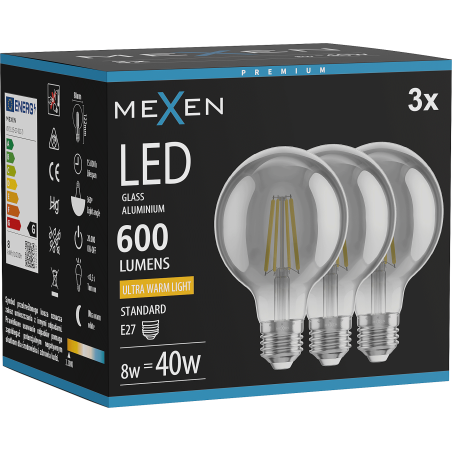 Mexen Vintis 3x żarówka filament LED E27, G80, 8W, Ciepła - 2200K, 600 lm, smoke - L155-E27-0822-70x03