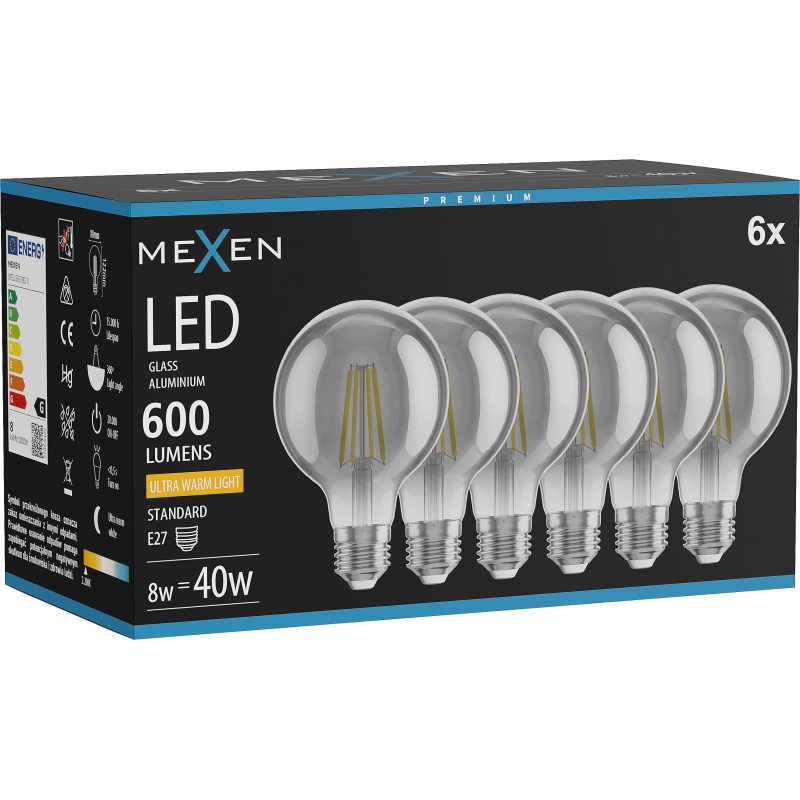Mexen Vintis 6x żarówka filament LED E27, G80, 8W, Ciepła - 2200K, 600 lm, smoke - L155-E27-0822-70x06