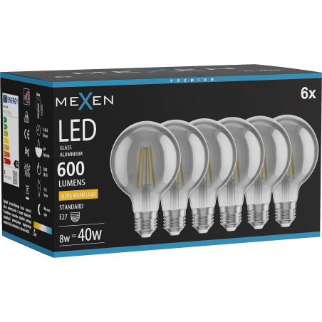 Mexen Vintis 6x żarówka filament LED E27, G80, 8W, Ciepła - 2200K, 600 lm, smoke - L155-E27-0822-70x06