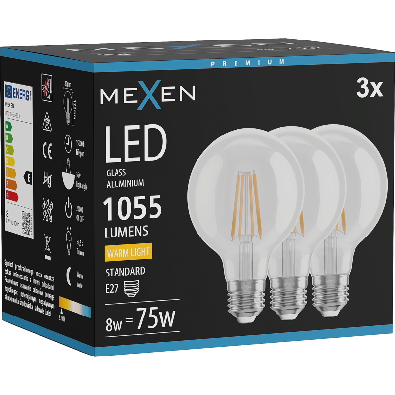 Mexen Vintis 3x żarówka filament LED E27, G80, 8W, Ciepła - 2700K, 1055 lm, clear - L155-E27-0827-00x03