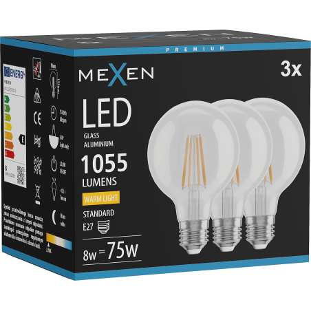 Mexen Vintis 3x żarówka filament LED E27, G80, 8W, Ciepła - 2700K, 1055 lm, clear - L155-E27-0827-00x03