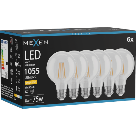 Mexen Vintis 6x żarówka filament LED E27, G80, 8W, Ciepła - 2700K, 1055 lm, clear - L155-E27-0827-00x06