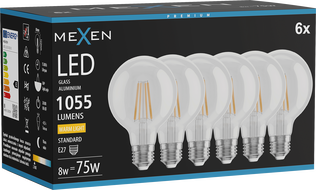 Mexen Vintis 6x żarówka filament LED E27, G80, 8W, Ciepła - 2700K, 1055 lm, clear - L155-E27-0827-00x06
