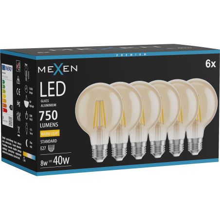 Mexen Vintis 6x żarówka filament LED E27, G80, 8W, Ciepła - 2700K, 750 lm, amber - L155-E27-0827-50x06