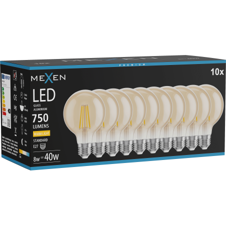 Mexen Vintis 10x żarówka filament LED E27, G80, 8W, Ciepła - 2700K, 750 lm, amber - L155-E27-0827-50x10