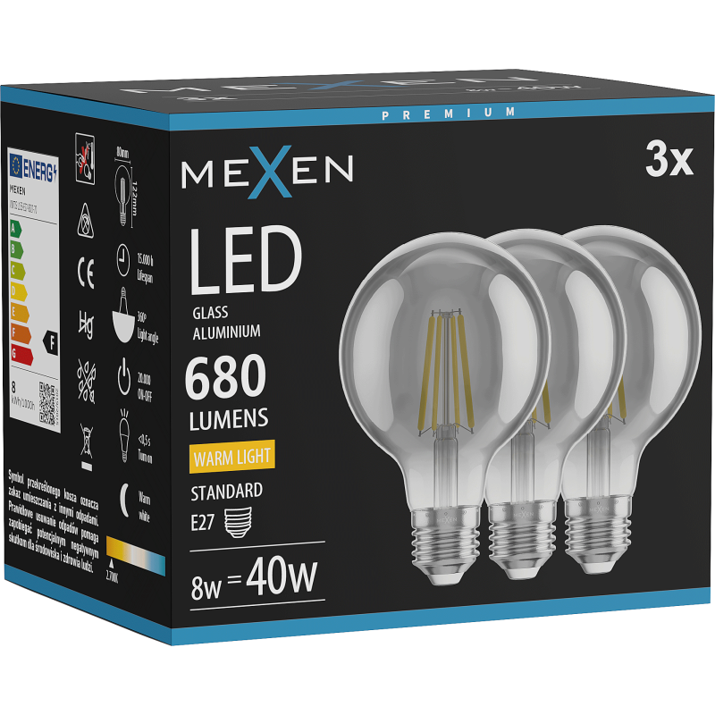 Mexen Vintis 3x żarówka filament LED E27, G80, 8W, Ciepła - 2700K, 680 lm, smoke - L155-E27-0827-70x03