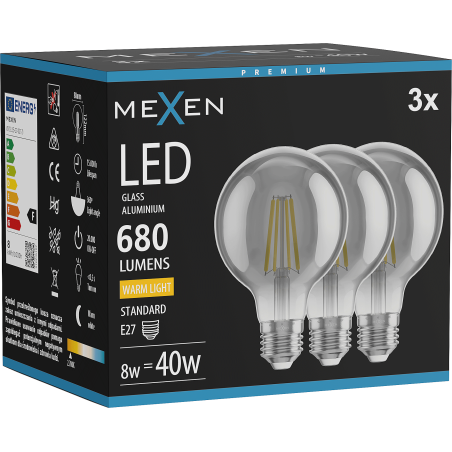 Mexen Vintis 3x żarówka filament LED E27, G80, 8W, Ciepła - 2700K, 680 lm, smoke - L155-E27-0827-70x03