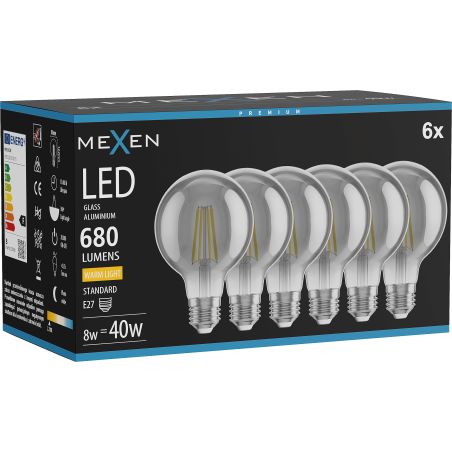 Mexen Vintis 6x żarówka filament LED E27, G80, 8W, Ciepła - 2700K, 680 lm, smoke - L155-E27-0827-70x06