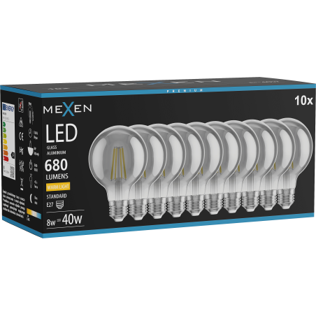 Mexen Vintis 10x żarówka filament LED E27, G80, 8W, Ciepła - 2700K, 680 lm, smoke - L155-E27-0827-70x10