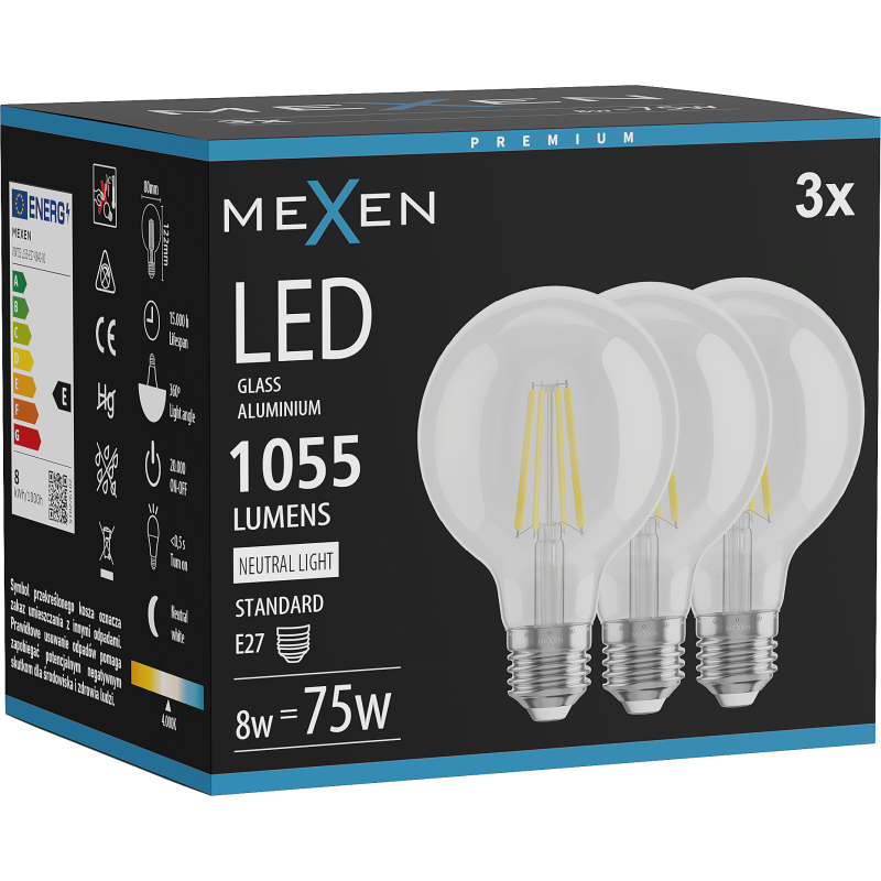 Mexen Vintis 3x żarówka filament LED E27, G80, 8W, Neutralna - 4000K, 1055 lm, clear - L155-E27-0840-00x03