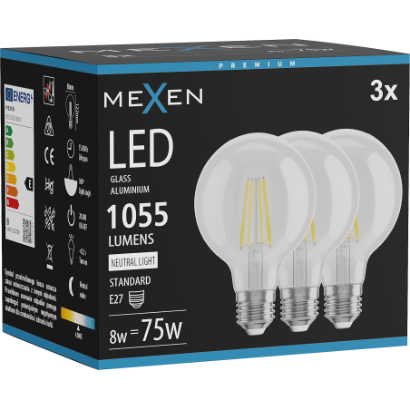Mexen Vintis 3x żarówka filament LED E27, G80, 8W, Neutralna - 4000K, 1055 lm, clear - L155-E27-0840-00x03