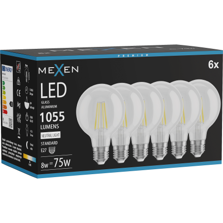 Mexen Vintis 6x żarówka filament LED E27, G80, 8W, Neutralna - 4000K, 1055 lm, clear - L155-E27-0840-00x06