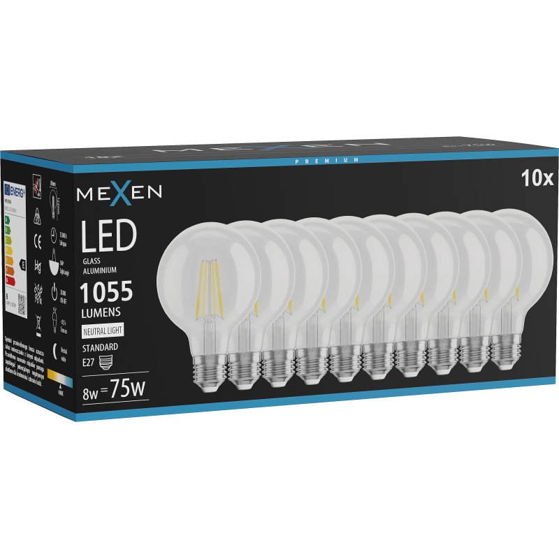 Mexen Vintis 10x żarówka filament LED E27, G80, 8W, Neutralna - 4000K, 1055 lm, clear - L155-E27-0840-00x10