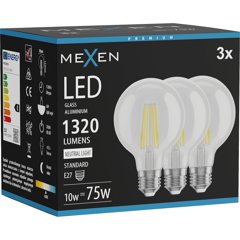 Mexen Vintis 3x żarówka filament LED E27, G80, 10W, Neutralna - 4000K, 1320 lm, clear - L155-E27-1040-00x03