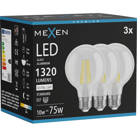 Mexen Vintis 3x żarówka filament LED E27, G80, 10W, Neutralna - 4000K, 1320 lm, clear - L155-E27-1040-00x03