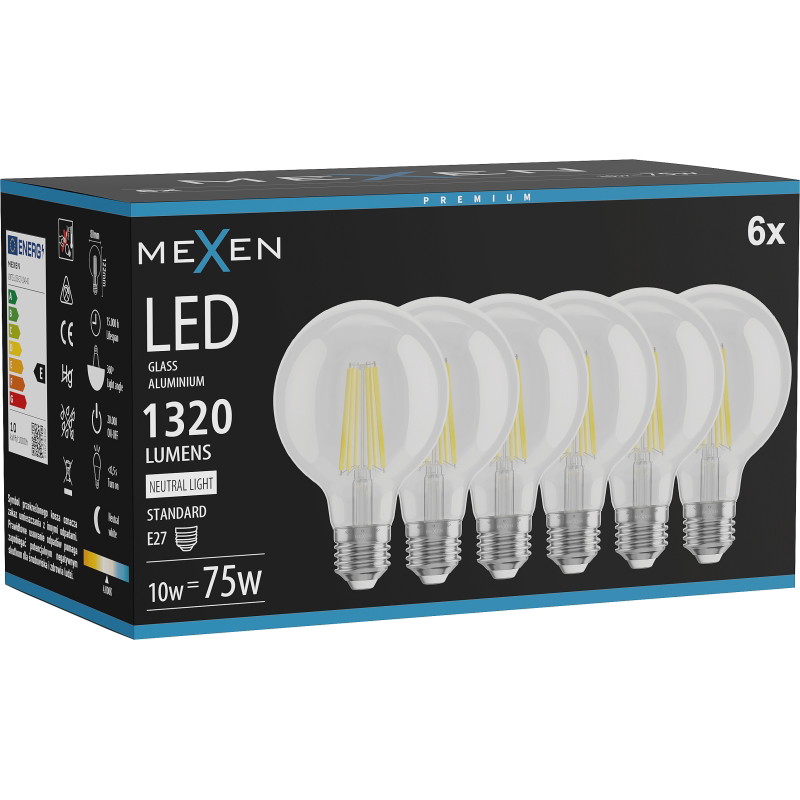 Mexen Vintis 6x żarówka filament LED E27, G80, 10W, Neutralna - 4000K, 1320 lm, clear - L155-E27-1040-00x06