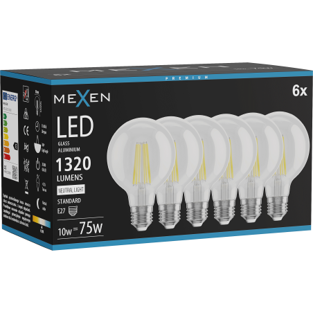 Mexen Vintis 6x żarówka filament LED E27, G80, 10W, Neutralna - 4000K, 1320 lm, clear - L155-E27-1040-00x06