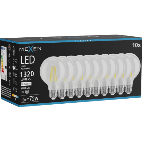 Mexen Vintis 10x żarówka filament LED E27, G80, 10W, Neutralna - 4000K, 1320 lm, clear - L155-E27-1040-00x10