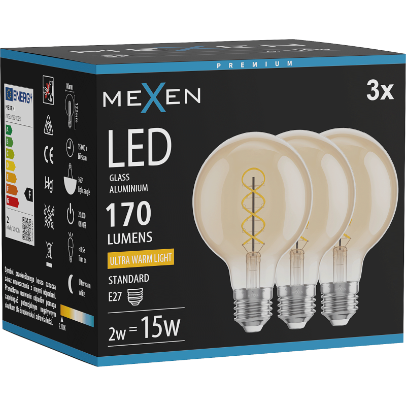 Mexen Vintis 3x żarówka filament spirala LED E27, G80, 2W, Ciepła - 2200K, 170 lm, amber - L165-E27-0222-50x03