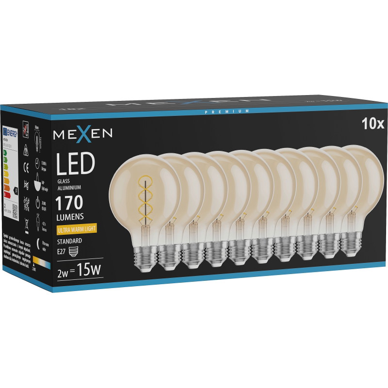 Mexen Vintis 10x żarówka filament spirala LED E27, G80, 2W, Ciepła - 2200K, 170 lm, amber - L165-E27-0222-50x10