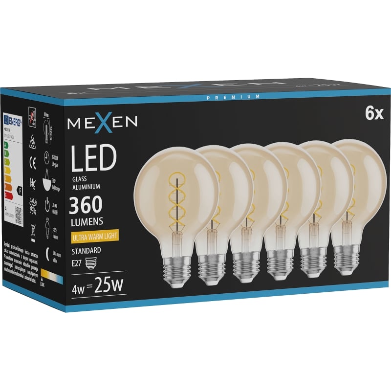 Mexen Vintis 6x żarówka filament spirala LED E27, G80, 4W, Ciepła - 2200K, 360 lm, amber - L165-E27-0422-50x06