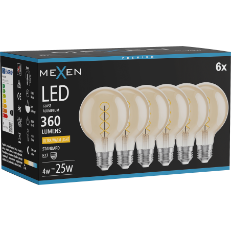Mexen Vintis 6x żarówka filament spirala LED E27, G80, 4W, Ciepła - 2200K, 360 lm, amber - L165-E27-0422-50x06
