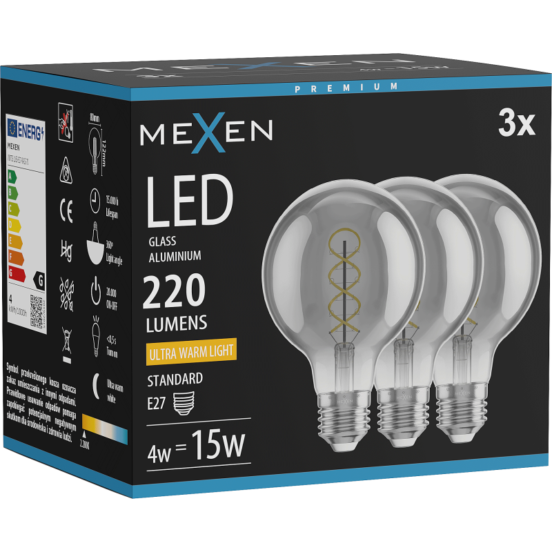 Mexen Vintis 3x żarówka filament spirala LED E27, G80, 4W, Ciepła - 2200K, 220 lm, smoke - L165-E27-0422-70x03