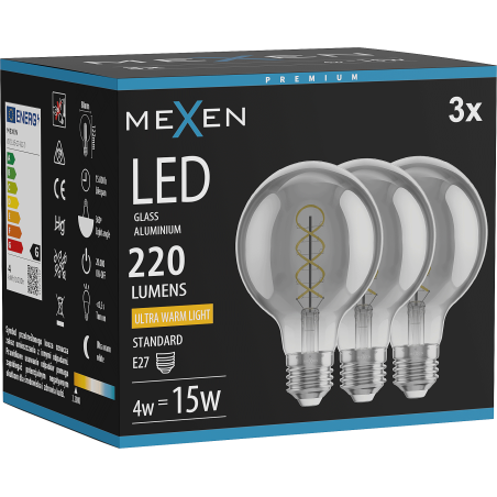 Mexen Vintis 3x żarówka filament spirala LED E27, G80, 4W, Ciepła - 2200K, 220 lm, smoke - L165-E27-0422-70x03