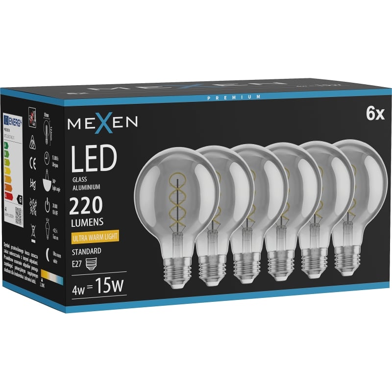 Mexen Vintis 6x żarówka filament spirala LED E27, G80, 4W, Ciepła - 2200K, 220 lm, smoke - L165-E27-0422-70x06