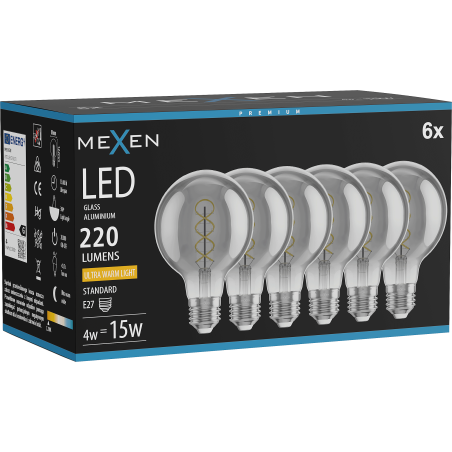 Mexen Vintis 6x żarówka filament spirala LED E27, G80, 4W, Ciepła - 2200K, 220 lm, smoke - L165-E27-0422-70x06
