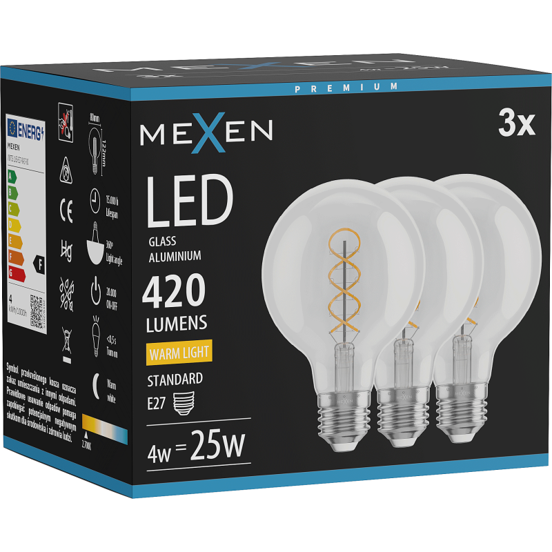 Mexen Vintis 3x żarówka filament spirala LED E27, G80, 4W, Ciepła - 2700K, 420 lm, clear - L165-E27-0427-00x03