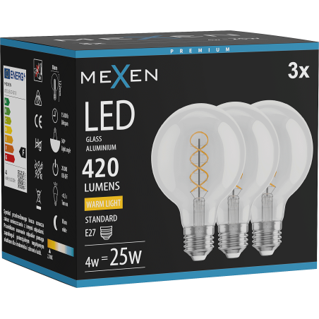 Mexen Vintis 3x żarówka filament spirala LED E27, G80, 4W, Ciepła - 2700K, 420 lm, clear - L165-E27-0427-00x03