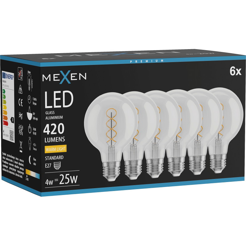 Mexen Vintis 6x żarówka filament spirala LED E27, G80, 4W, Ciepła - 2700K, 420 lm, clear - L165-E27-0427-00x06