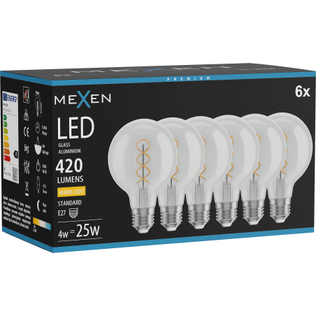 Mexen Vintis 6x żarówka filament spirala LED E27, G80, 4W, Ciepła - 2700K, 420 lm, clear - L165-E27-0427-00x06