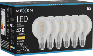 Mexen Vintis 6x żarówka filament spirala LED E27, G80, 4W, Ciepła - 2700K, 420 lm, clear - L165-E27-0427-00x06