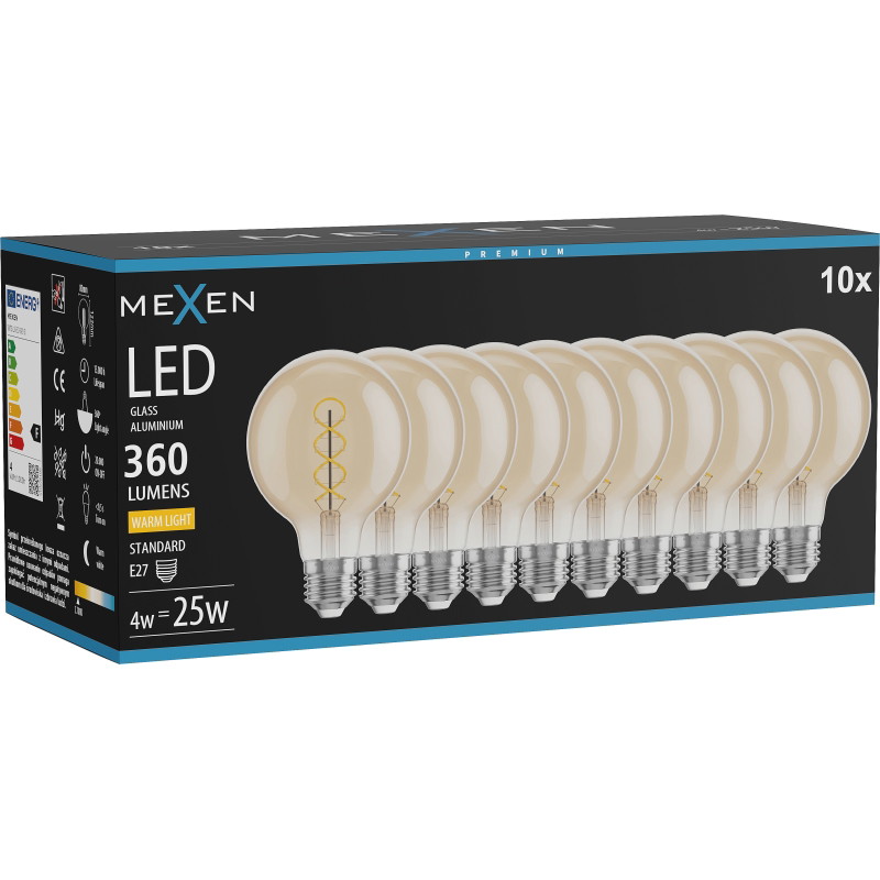 Mexen Vintis 10x żarówka filament spirala LED E27, G80, 4W, Ciepła - 2700K, 360 lm, amber - L165-E27-0427-50x10