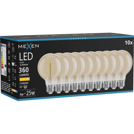 Mexen Vintis 10x żarówka filament spirala LED E27, G80, 4W, Ciepła - 2700K, 360 lm, amber - L165-E27-0427-50x10