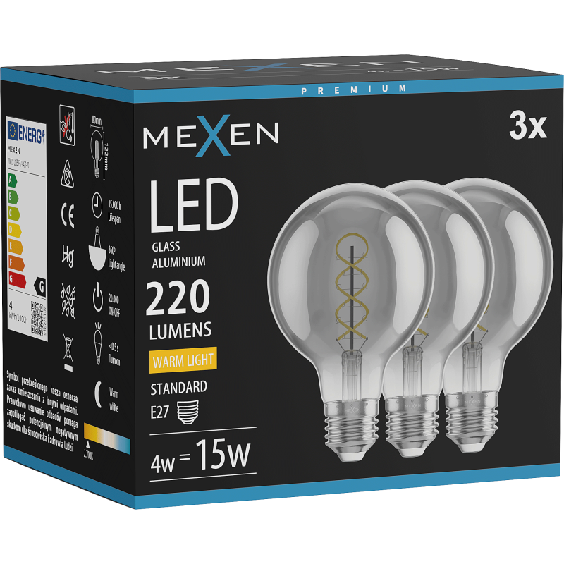 Mexen Vintis 3x żarówka filament spirala LED E27, G80, 4W, Ciepła - 2700K, 220 lm, smoke - L165-E27-0427-70x03