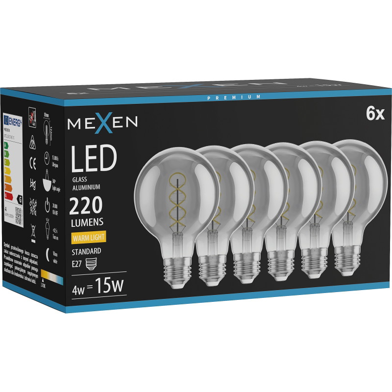 Mexen Vintis 6x żarówka filament spirala LED E27, G80, 4W, Ciepła - 2700K, 220 lm, smoke - L165-E27-0427-70x06