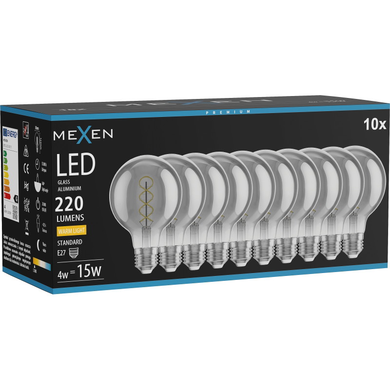 Mexen Vintis 10x żarówka filament spirala LED E27, G80, 4W, Ciepła - 2700K, 220 lm, smoke - L165-E27-0427-70x10