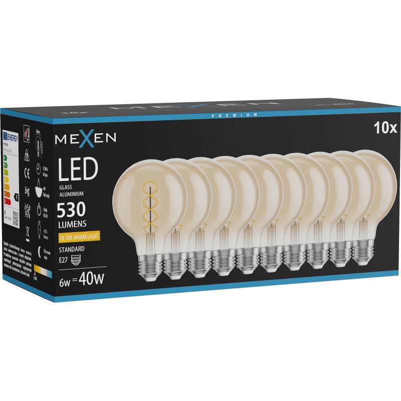 Mexen Vintis 10x żarówka filament spirala LED E27, G80, 6W, Ciepła - 2200K, 530 lm, amber - L165-E27-0622-50x10
