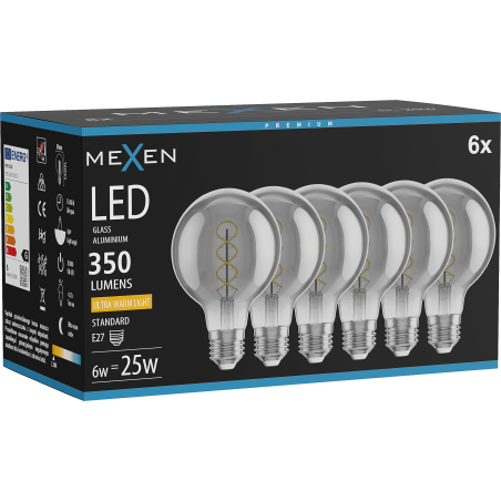 Mexen Vintis 6x żarówka filament spirala LED E27, G80, 6W, Ciepła - 2200K, 350 lm, smoke - L165-E27-0622-70x06
