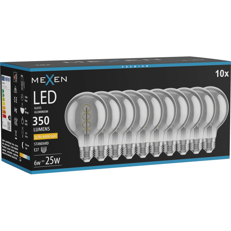 Mexen Vintis 10x żarówka filament spirala LED E27, G80, 6W, Ciepła - 2200K, 350 lm, smoke - L165-E27-0622-70x10