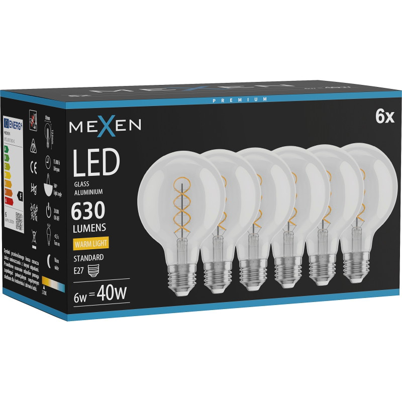Mexen Vintis 6x żarówka filament spirala LED E27, G80, 6W, Ciepła - 2700K, 630 lm, clear - L165-E27-0627-00x06